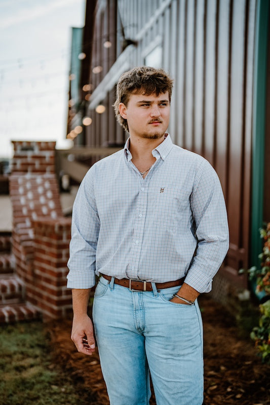 Pink/Brown/Blue Plaid Button Down
