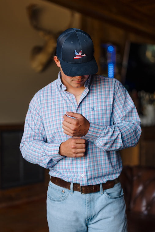 Blue/White/Salmon Plaid Button Down